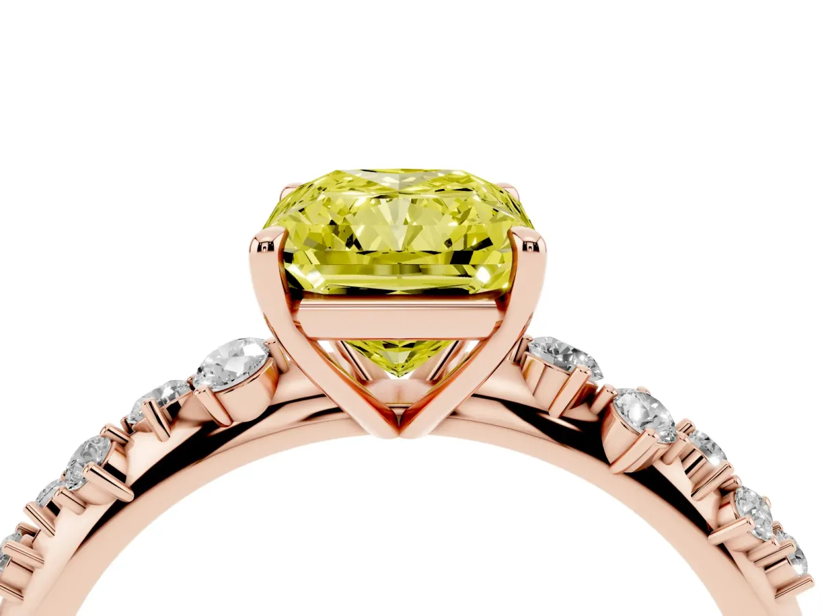 Fancy Yellow Radiant Cut Diamond Cluster Side Stone Solitaire Ring with Prong Setting Rose gold