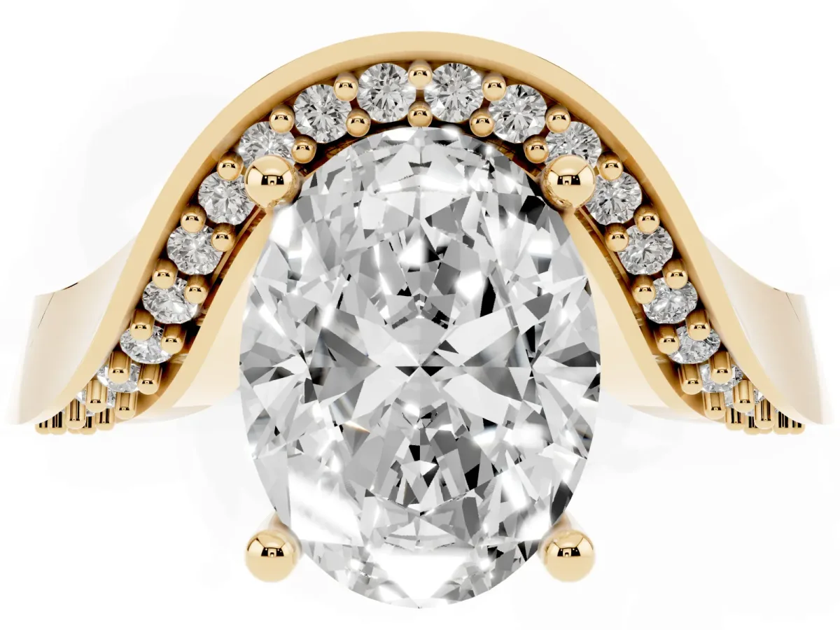 Oval Cut Solitaire Diamond Engagement Ring with Pave Band and Four-Prong Setting Yellow gold