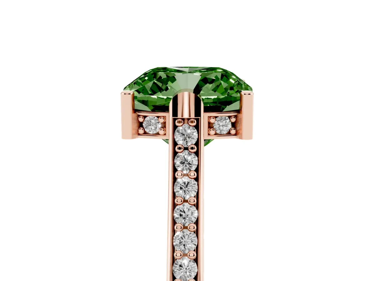 Fancy Green Cushion Cut Solitaire Diamond Ring with Channel Set Band and Bezel Prong Setting Rose gold