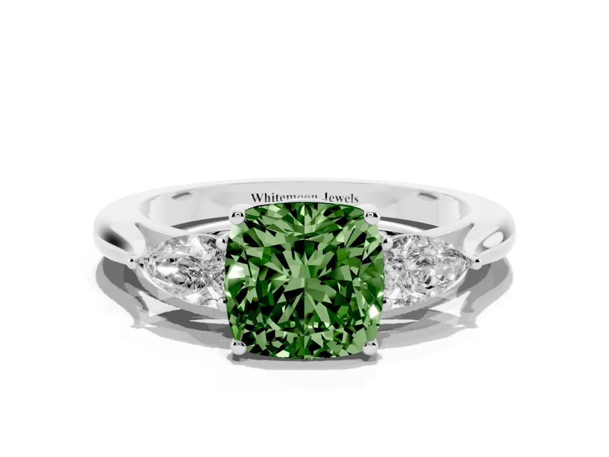 Fancy Green Three-Stone Cushion Cut Diamond Ring with Pear Side Stones in Four-Prong Setting Silver