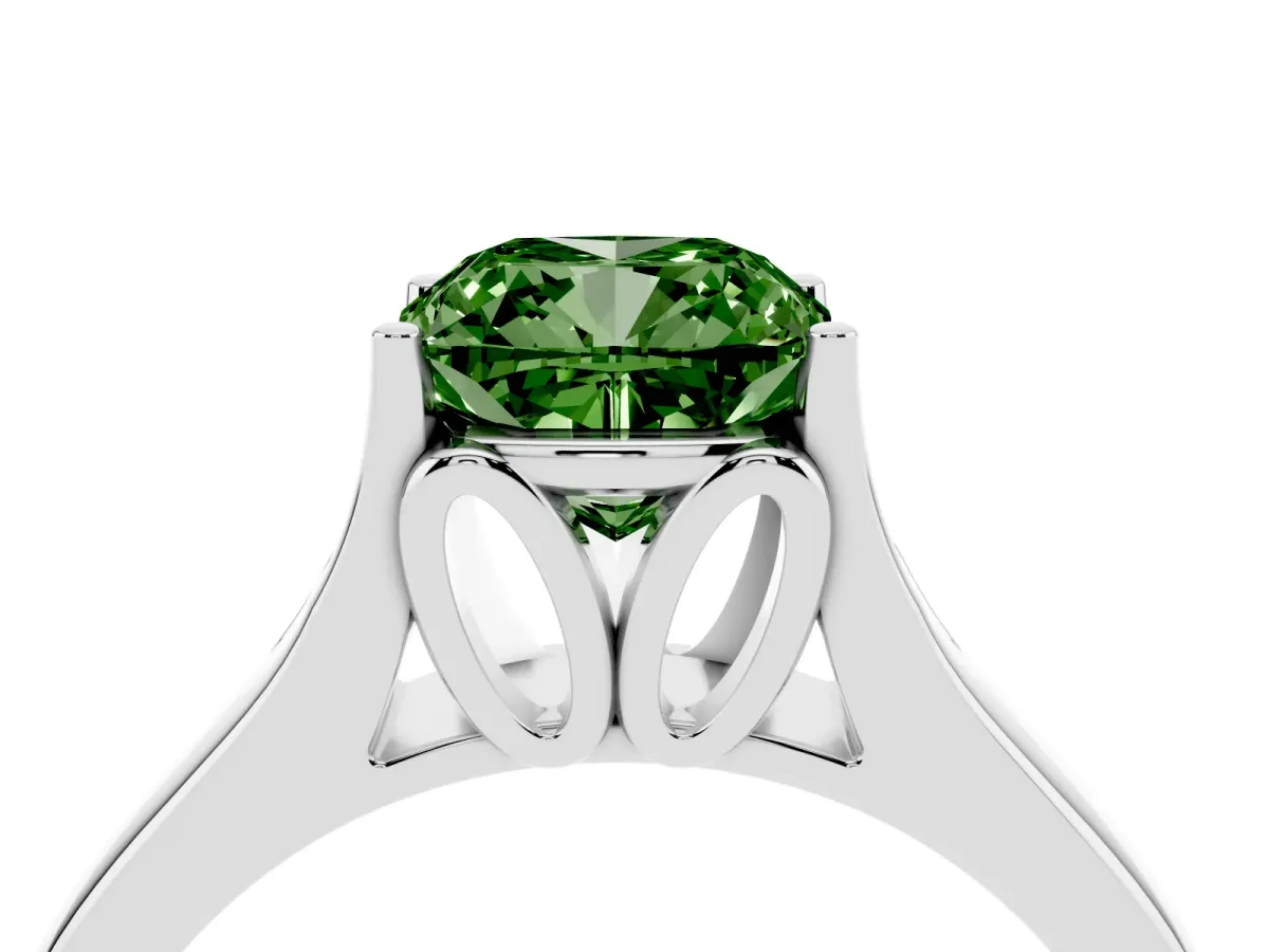 Fancy Green Cushion Cut Solitaire Diamond Ring with Cathedral Band and Four-Prong Setting Silver