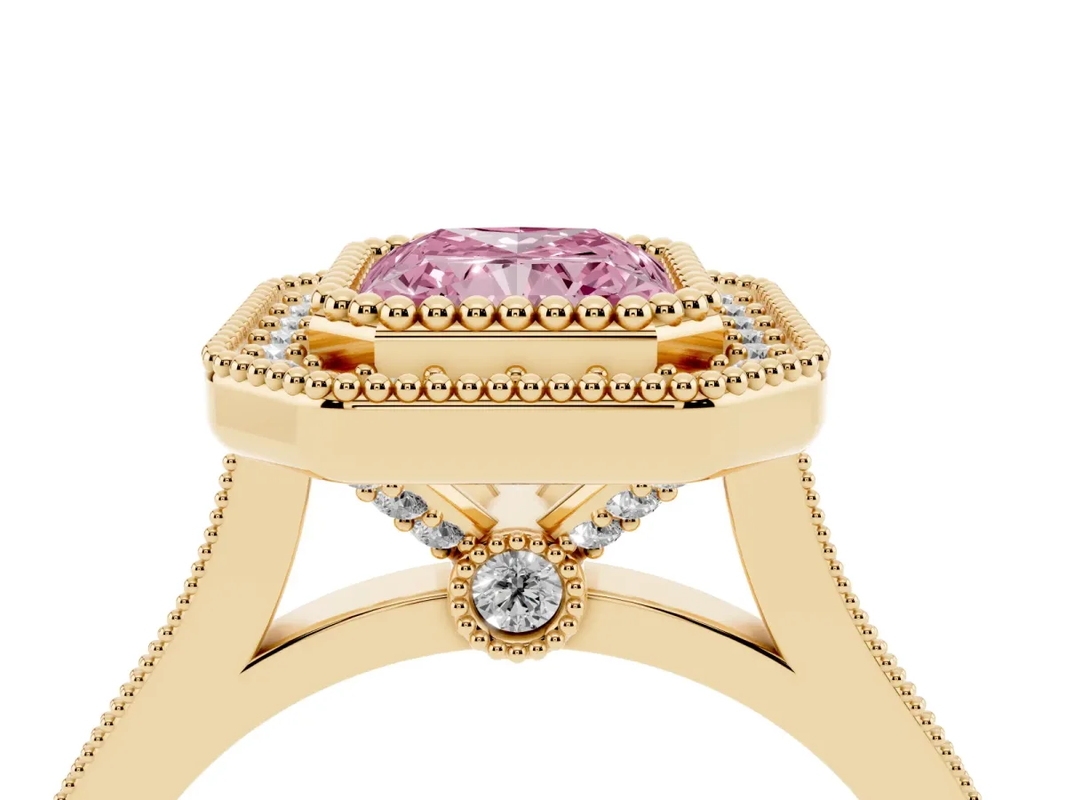 Fancy Pink Radiant Cut Diamond Halo Ring with Milgrain Frame and Pavé Band Yellow gold