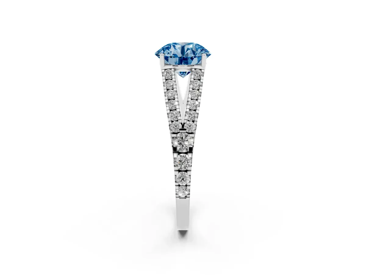 Fancy Blue Round Cut Diamond Split Shank Pavé Engagement Ring with Four-Prong Setting White gold