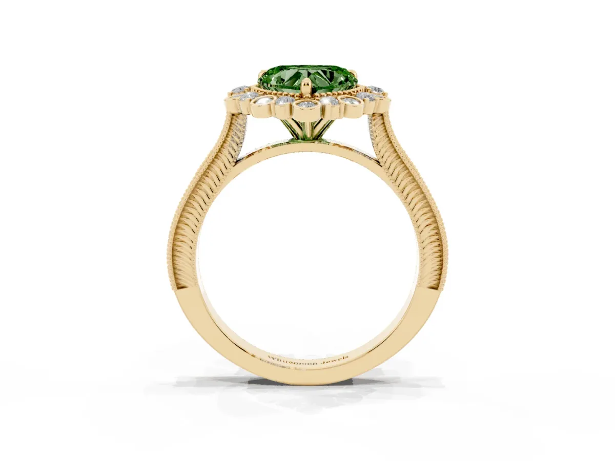 Fancy Green Heart Cut Halo Milgrain Pave Diamond Ring with Four-Prong Setting Yellow gold