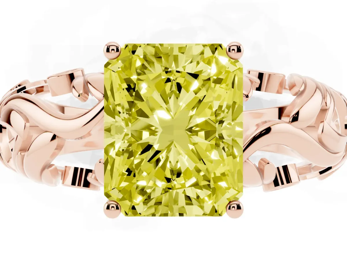Fancy Yellow Radiant Cut Solitaire Diamond Leaf-Inspired Vine Band Ring with Prong Setting Rose gold