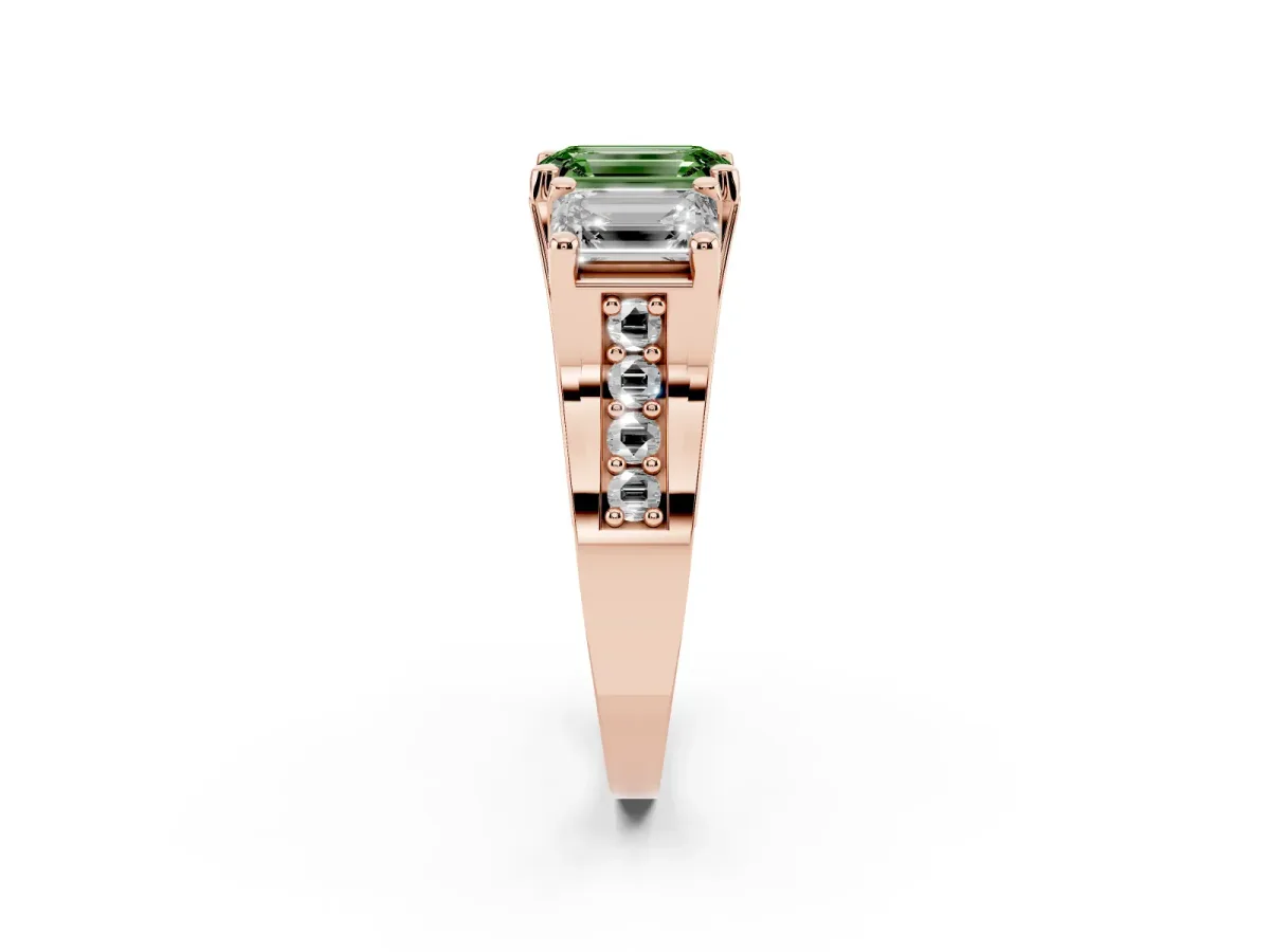 Fancy Green Emerald Cut Diamond Three-Stone Ring with Channel Set Band and Four-Prong Setting Rose gold