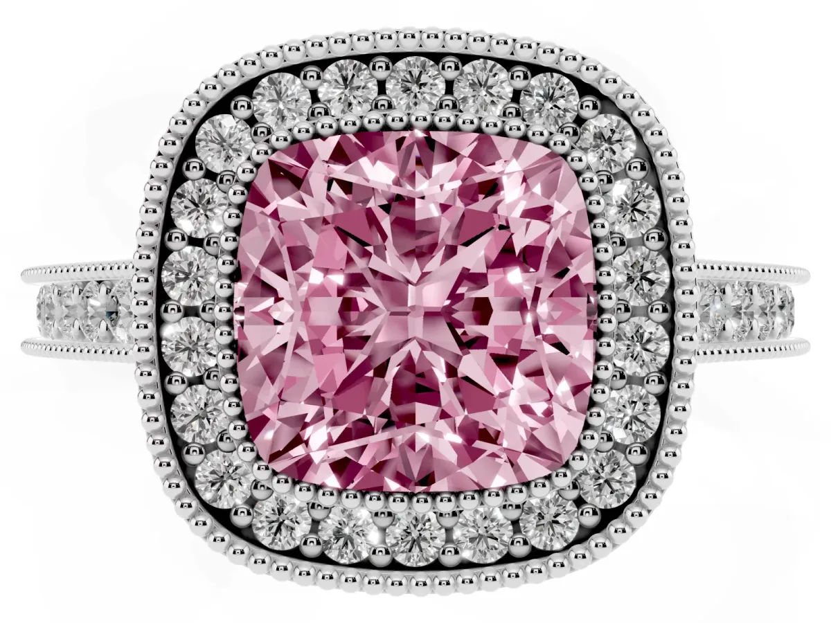 Fancy Pink Halo Cushion Cut-Cut Diamond Pave Band Milgrain Prong Setting Ring White gold