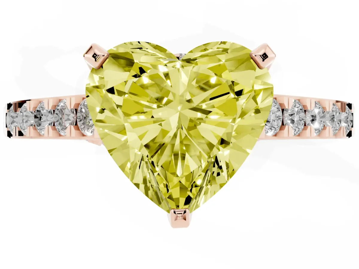 Fancy Yellow Heart Cut Diamond Solitaire Ring with Crossover Gallery and Round Pavé Band Rose gold