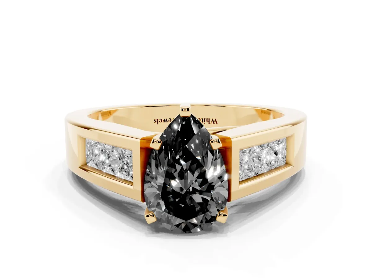 Fancy Black Pear Cut Cut Channel Set Solitaire Ring with Four-Prong Setting Yellow gold