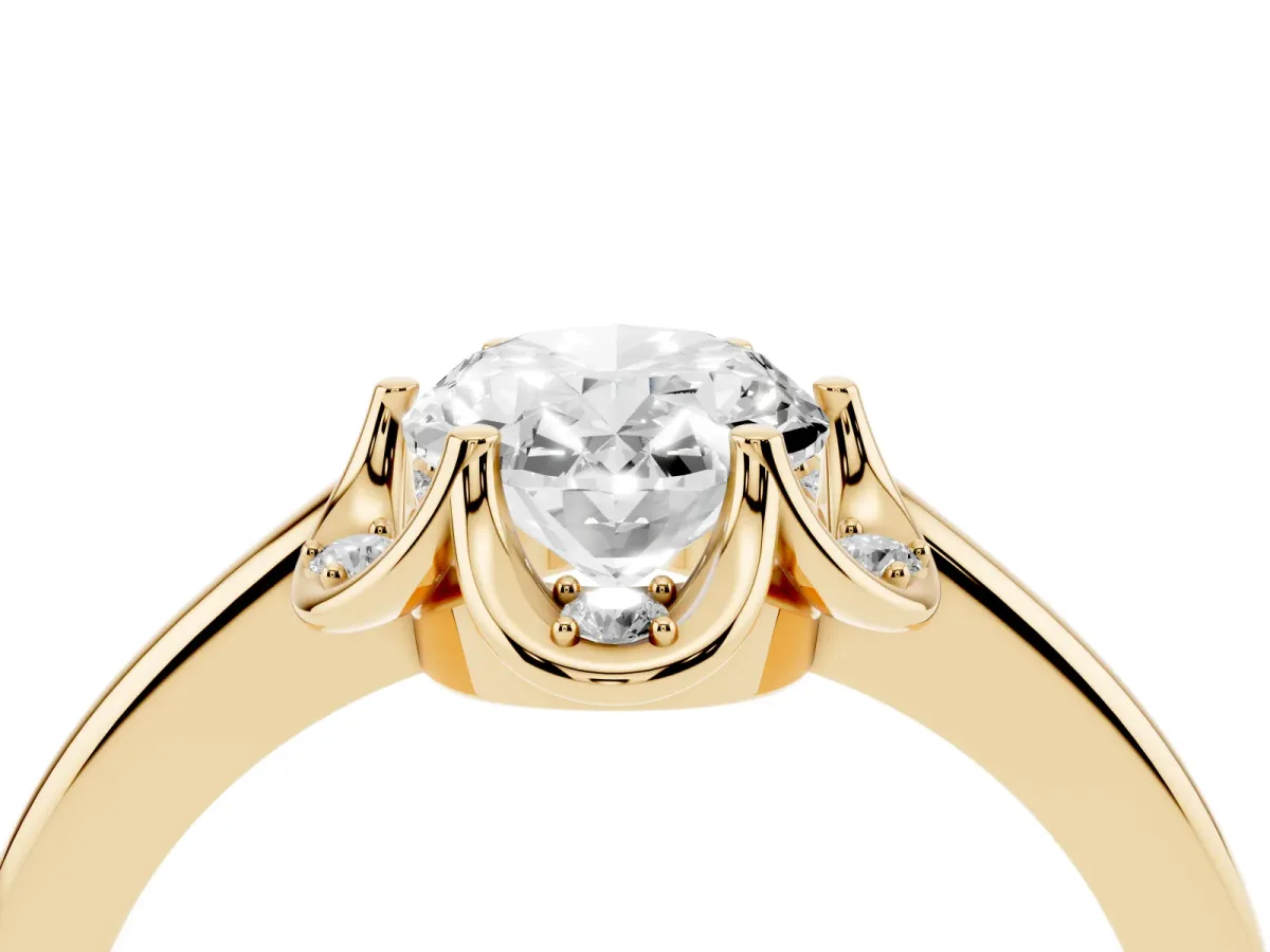Oval Cut Halo Diamond Ring with Round Cluster Setting, Solitaire Band, and Four-Prong Setting Yellow gold