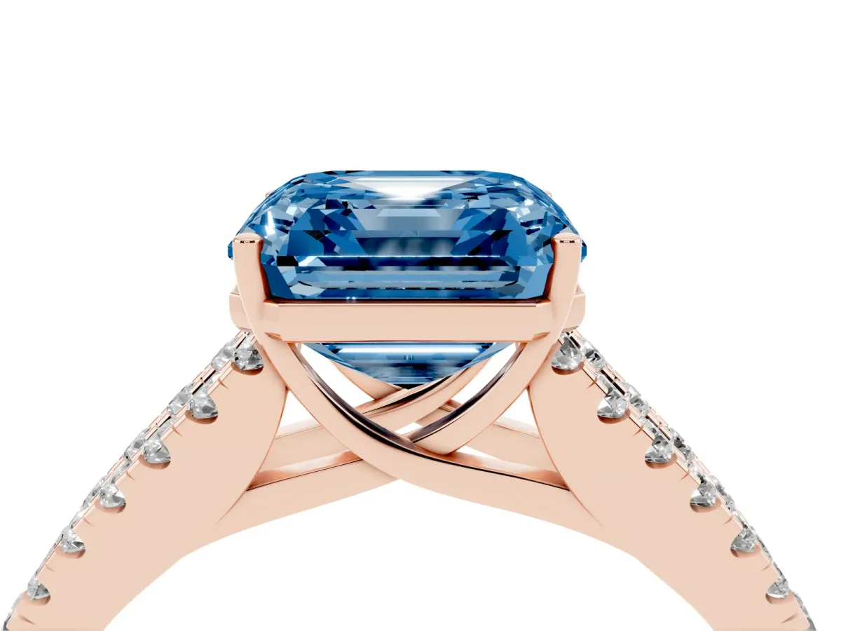 Fancy Blue Asscher Cut Diamond Split Shank Pavé Engagement Ring with Four-Prong Setting Rose gold