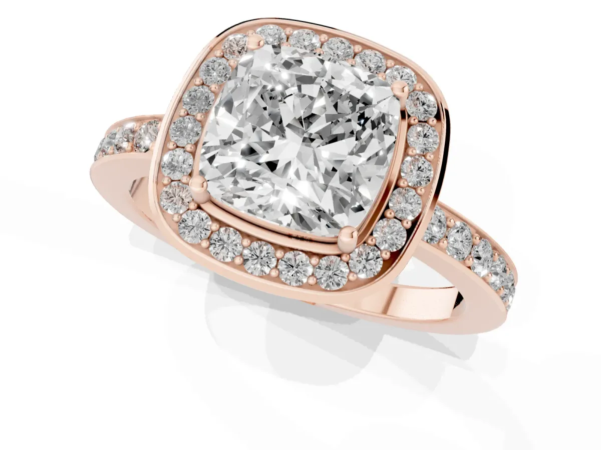 Cushion Cut Diamond Halo Ring with Bezel Frame and Pavé Band Rose gold