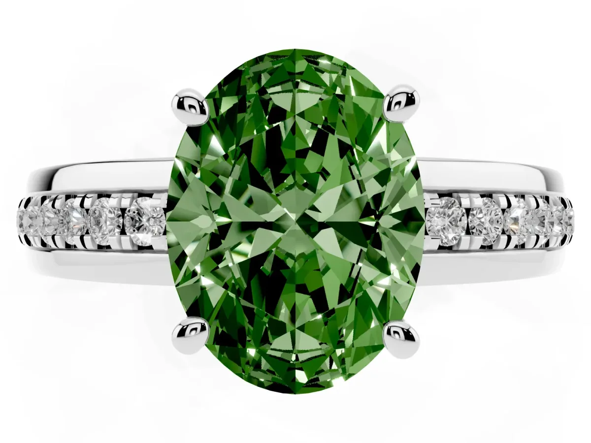 Fancy Green Oval Cut Solitaire Diamond Ring with Channel Set Band and Six-Prong Setting Silver
