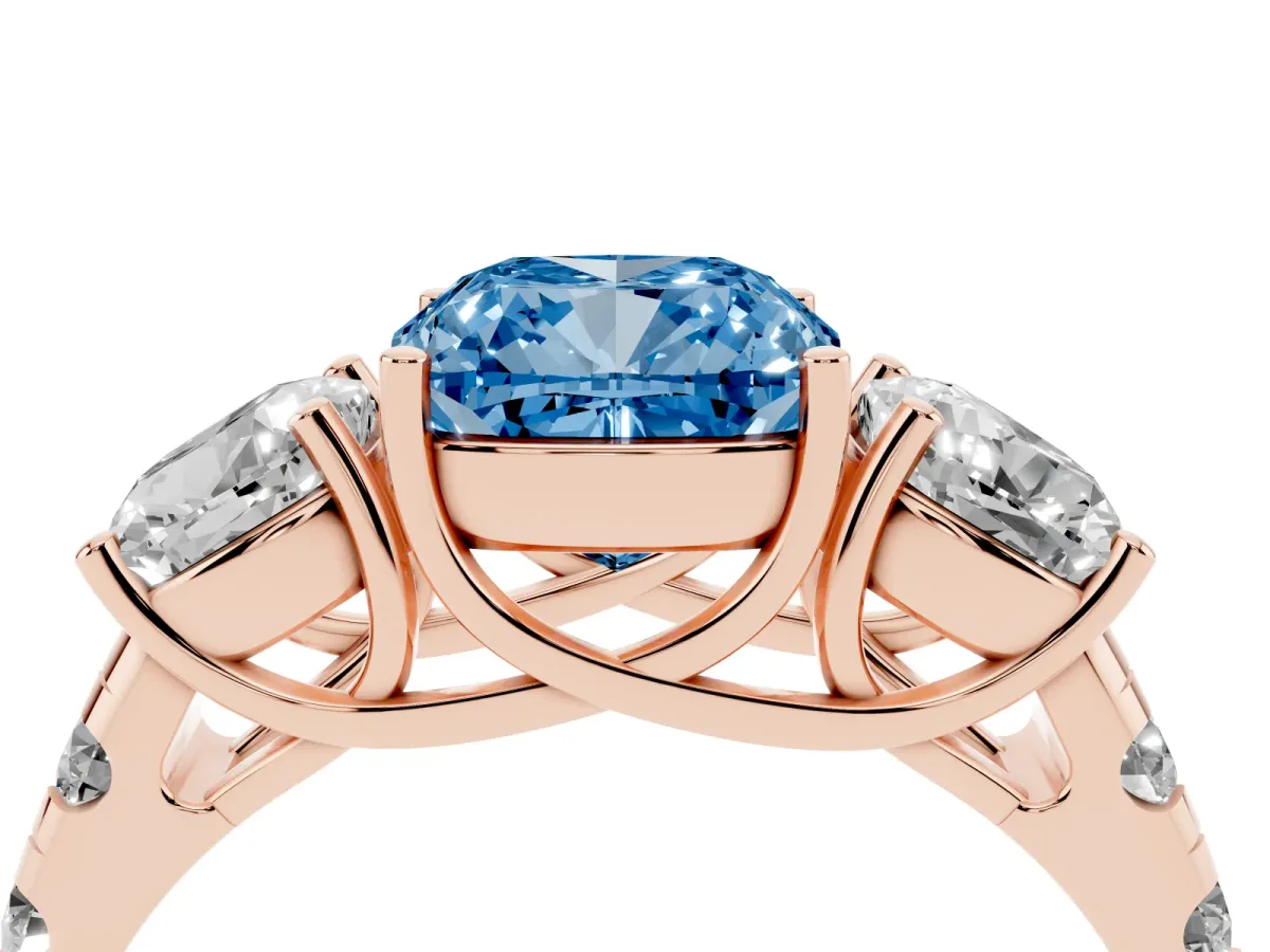 Fancy Blue Three-Stone Cushion Cut Diamond Pavé Band with Prong Setting Rose gold