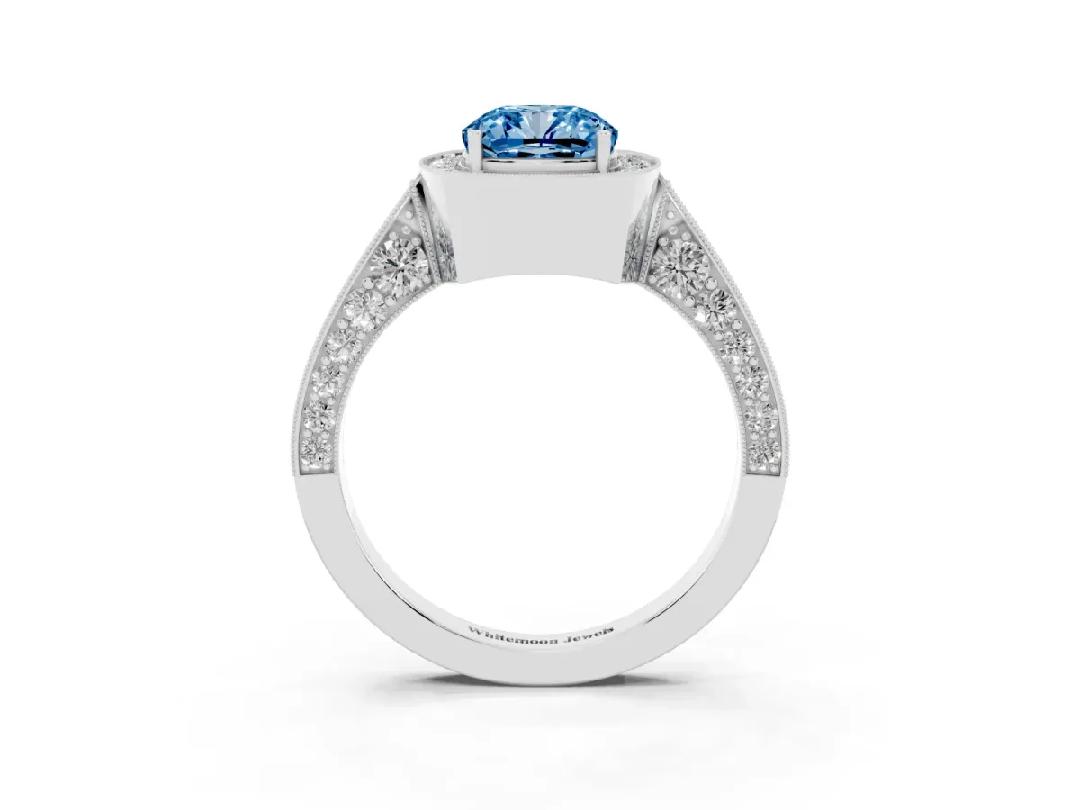 Fancy Blue Cushion Cut Halo Diamond Engagement Ring with Split Shank Band and Four-Prong Setting Silver