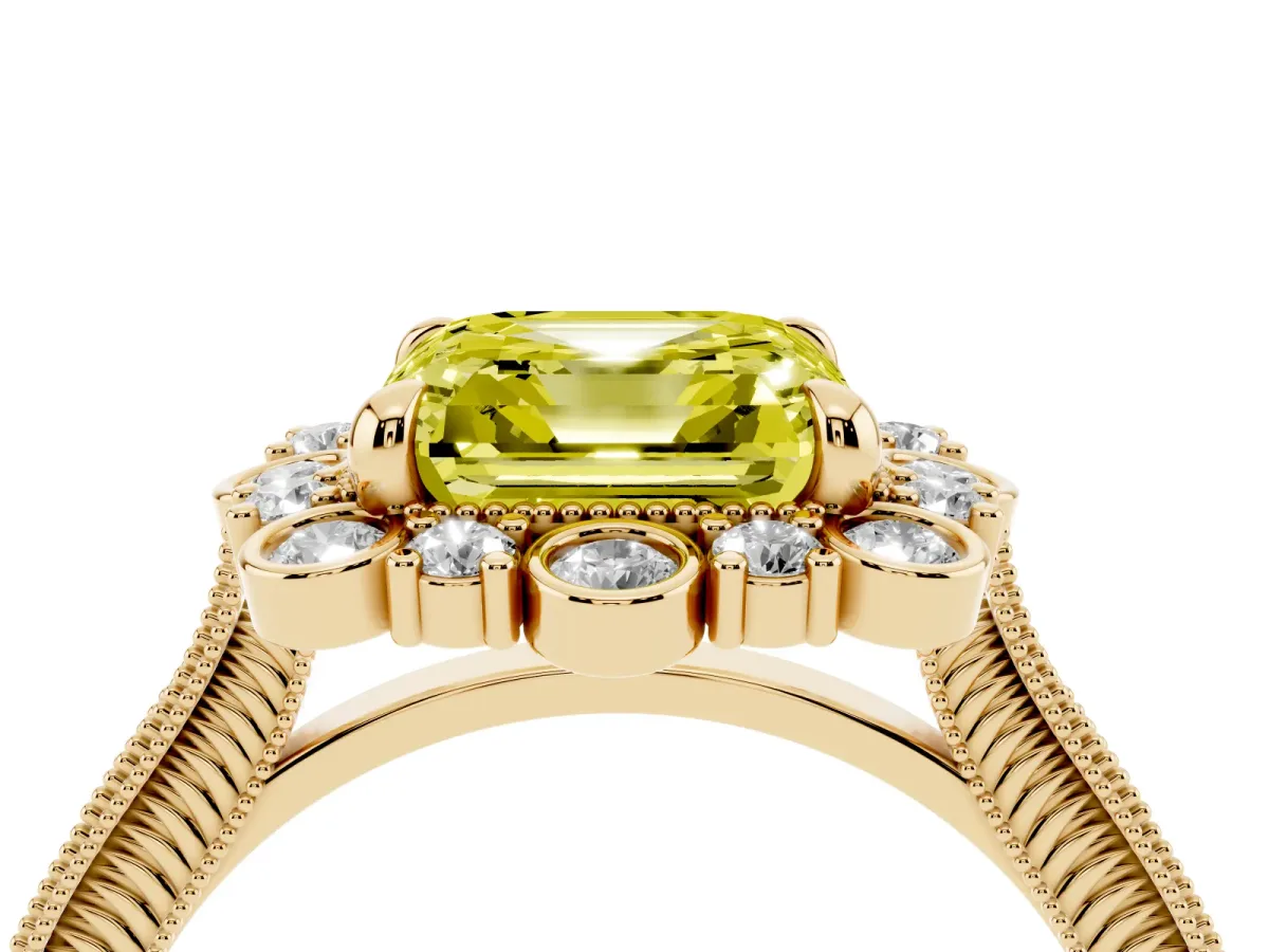Fancy Yellow Asscher Cut Halo Milgrain Pave Diamond Ring with Four-Prong Setting Yellow gold