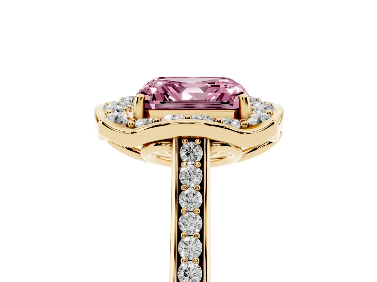 Fancy Pink Asscher Cut Halo Round Diamond Pave Band with Four-Prong Setting Yellow gold