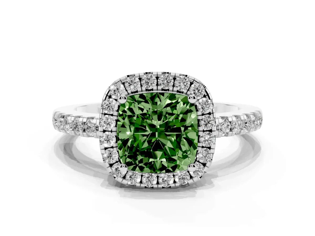 Fancy Green Cushion Cut Halo Diamond Engagement Ring with Pavé Band and Four-Prong Setting Platinum