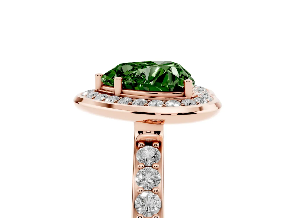 Fancy Green Heart Cut Diamond Halo Ring with Bezel Frame and Pavé Band Rose gold