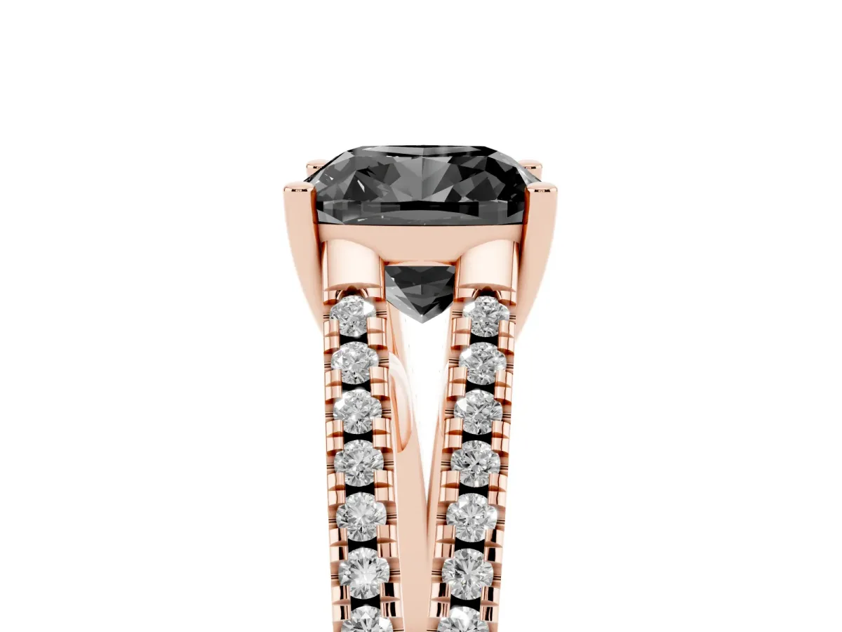 Fancy Black Cushion Cut Diamond Solitaire Engagement Ring with Split Shank Pavé Band Rose gold