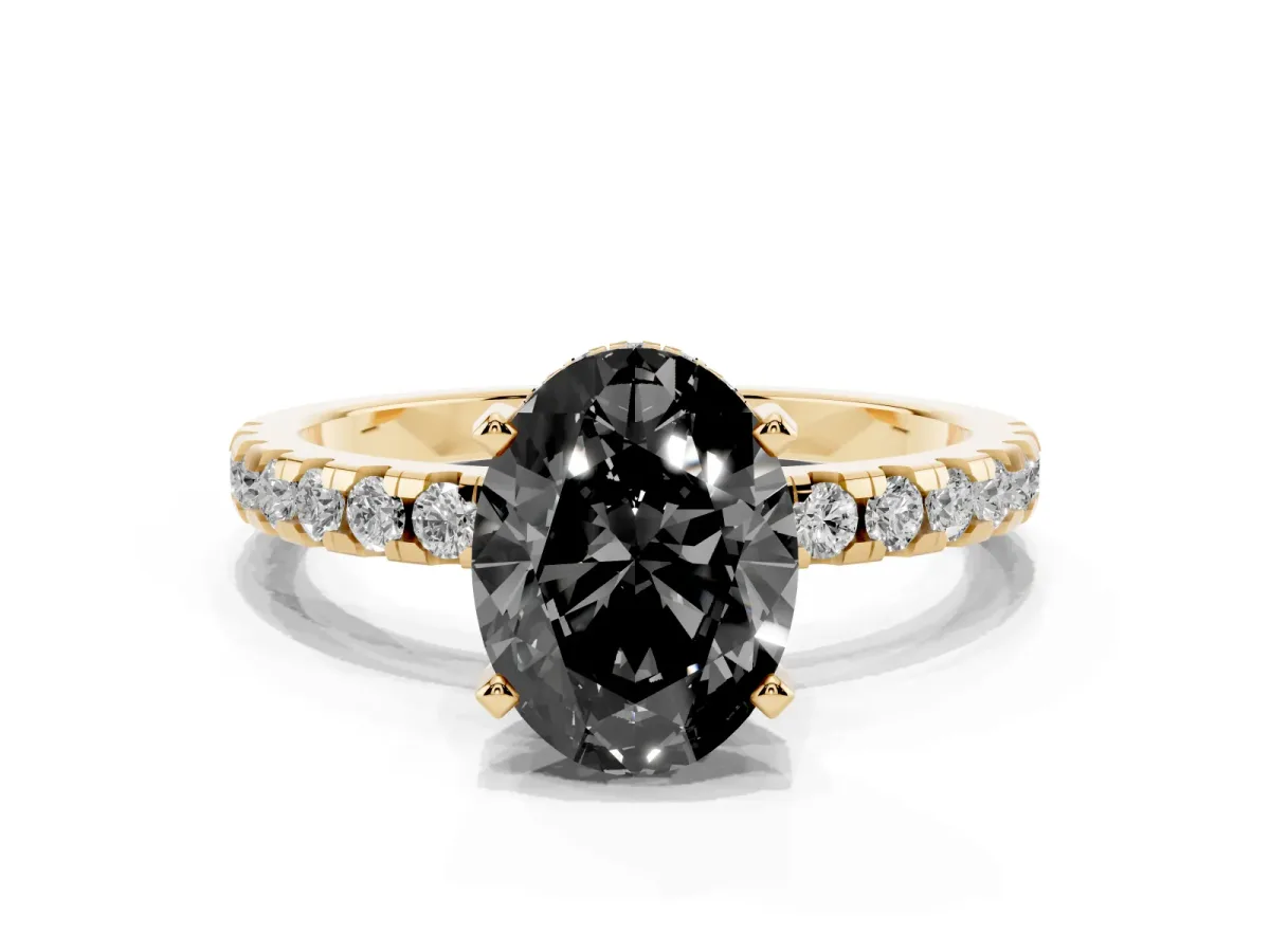Fancy Black Oval Cut Diamond Solitaire Ring with Round Pavé Band and Four-Prong Setting Yellow gold