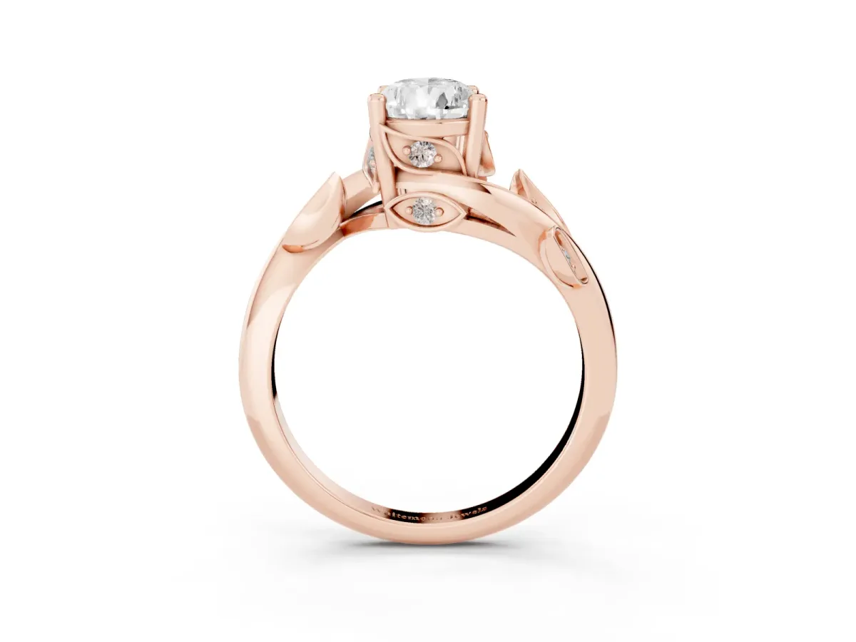 Pear Cut Solitaire Twist Engagement Ring with Leaf Accents and Prong Setting Rose gold