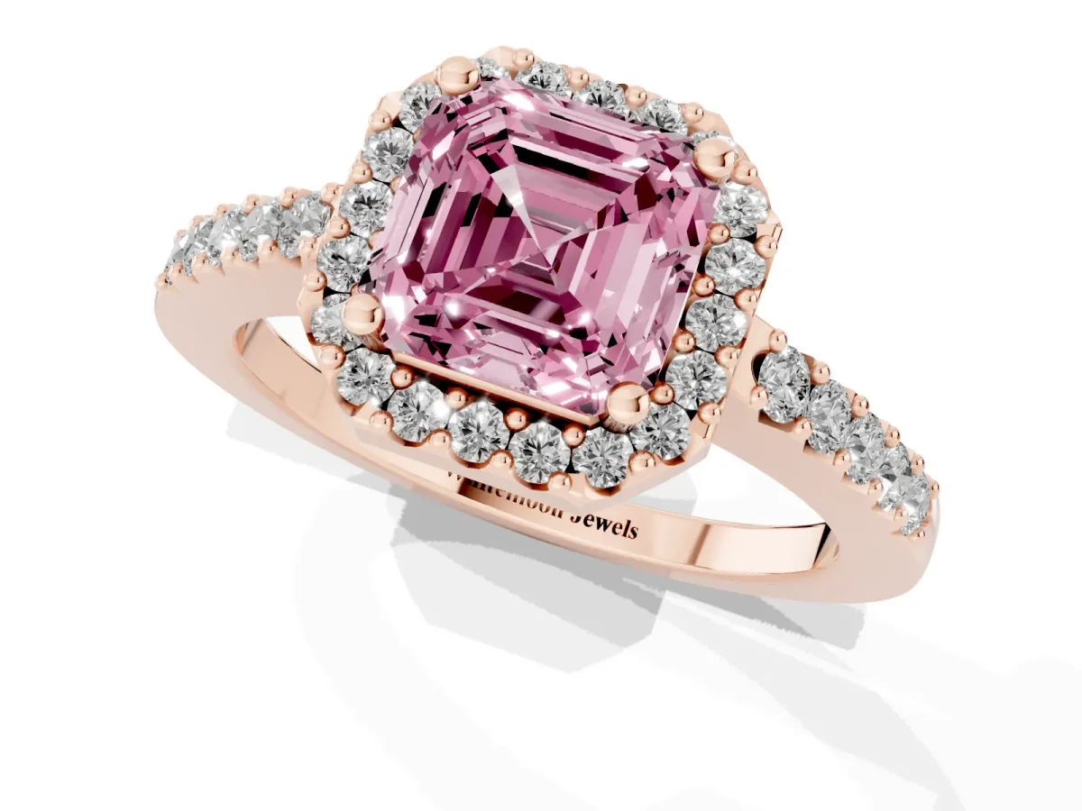 Fancy Pink Asscher Cut Halo Diamond Pavé Solitaire Ring Rose gold