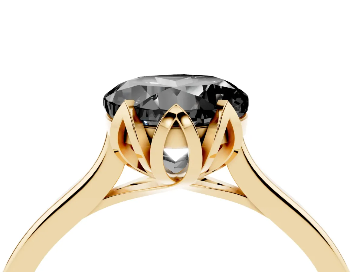 Fancy Black Round Cut Diamond Solitaire Ring with Flower Prong Setting and Classic Band Yellow gold