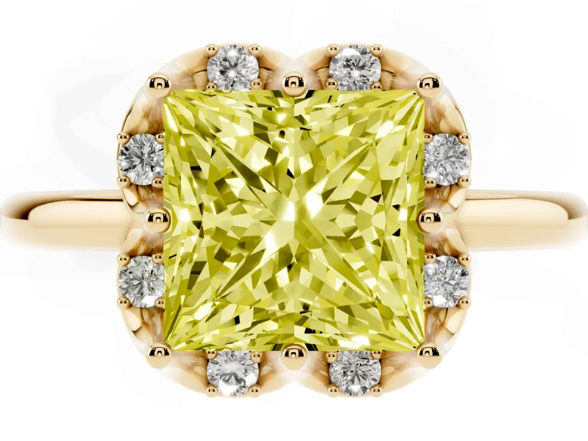 Fancy Yellow Princess Cut Halo Diamond Ring with Round Cluster Setting, Solitaire Band, and Four-Prong Setting Yellow gold