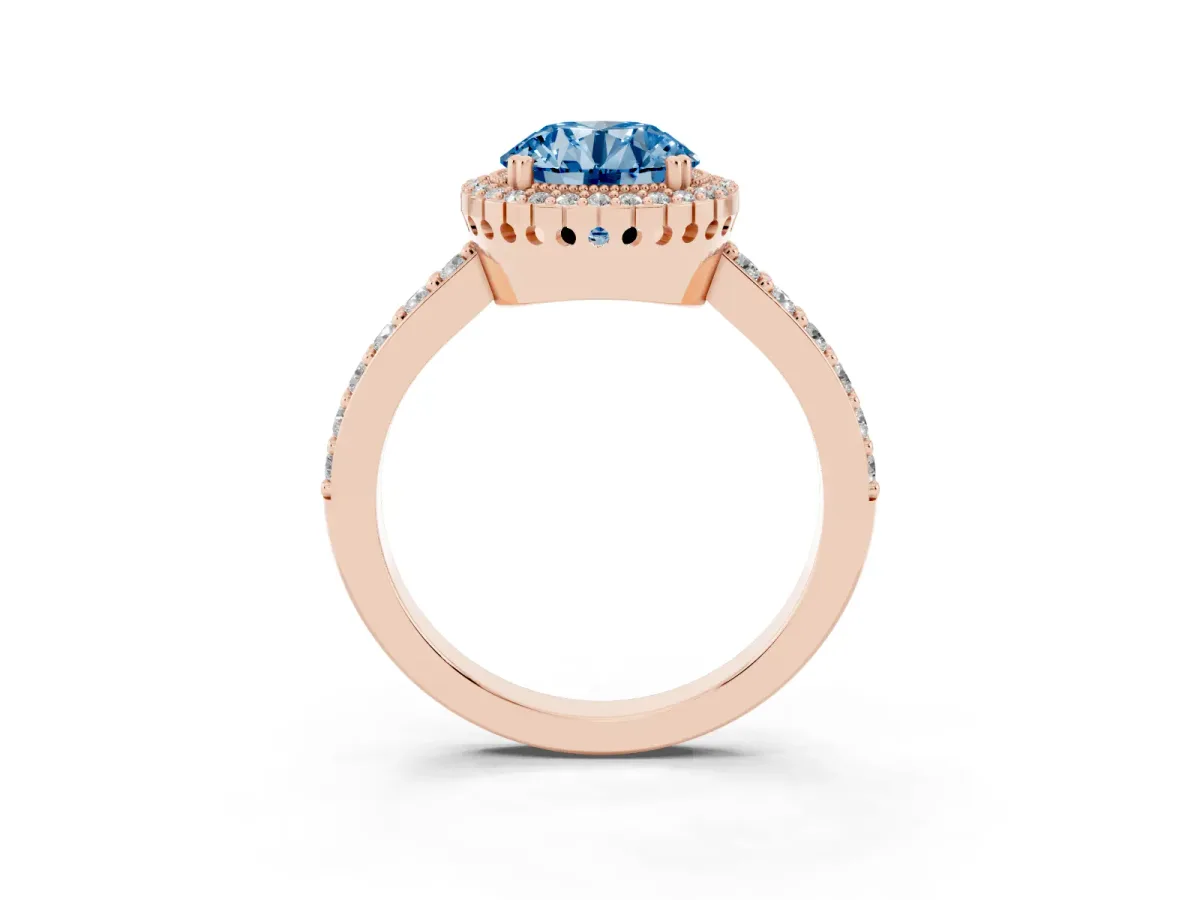 Fancy Blue Round Cut Cut Diamond Halo Engagement Ring with Milgrain Detail and Pavé Band Rose gold