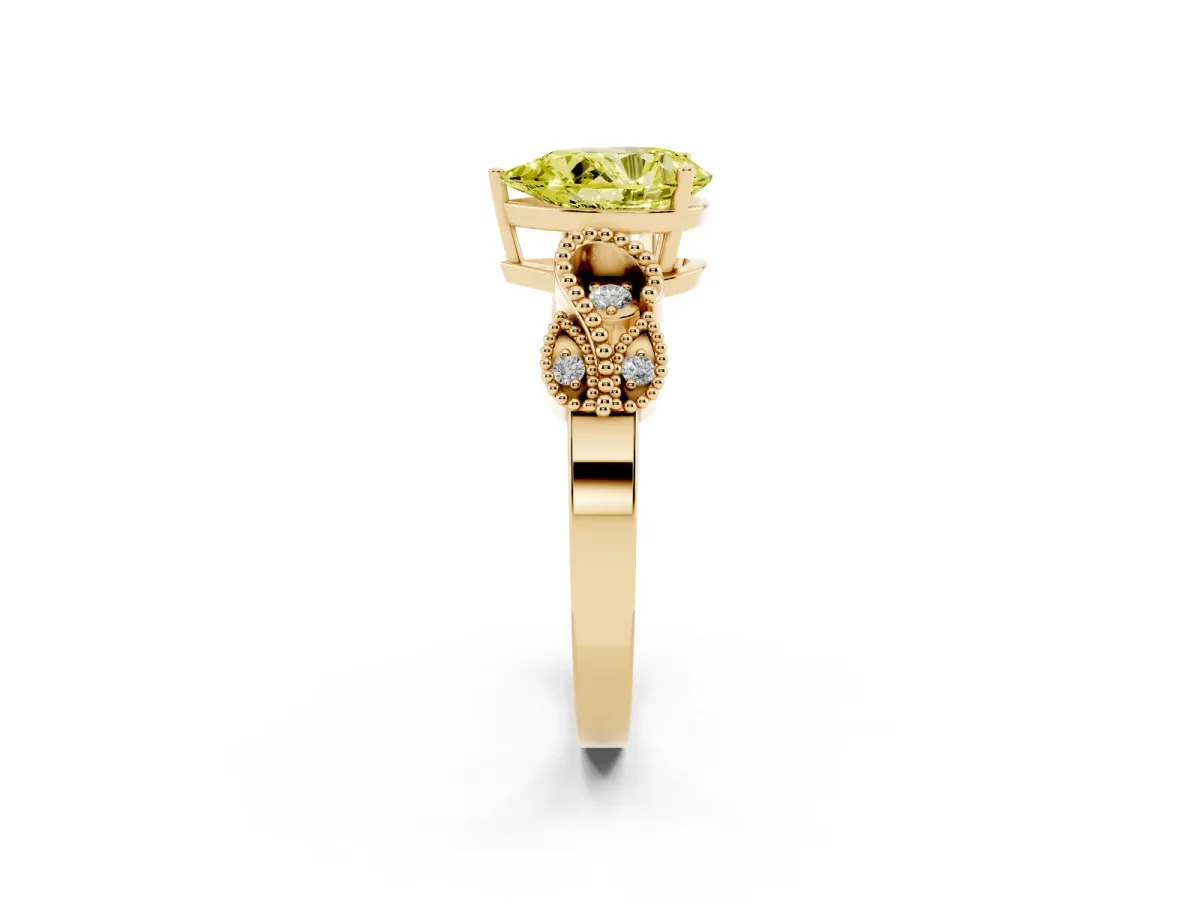 Fancy Yellow Pear Cut Solitaire Milgrain Leaf Band with Prong Setting Yellow gold