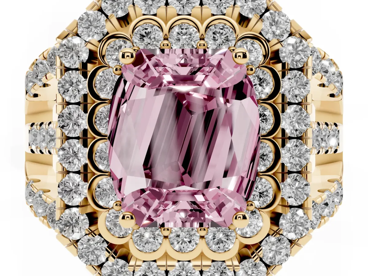Fancy Pink Emerald Cut Diamond Double Halo Ring with Round Pavé Split Shank and Prong Setting Yellow gold