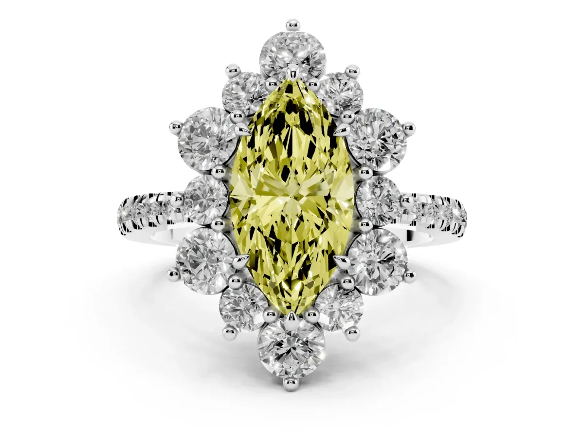 Fancy Yellow Marquise Cut Diamond Floral Halo Ring with Round Pavé Band and Prong Setting Silver