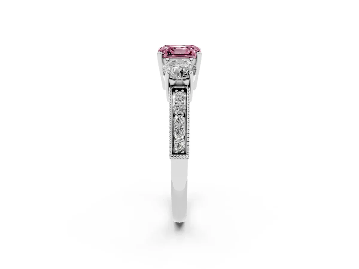 Fancy Pink Asscher Cut Three-Stone Diamond Ring with Pavé Band and Four-Prong Setting Silver