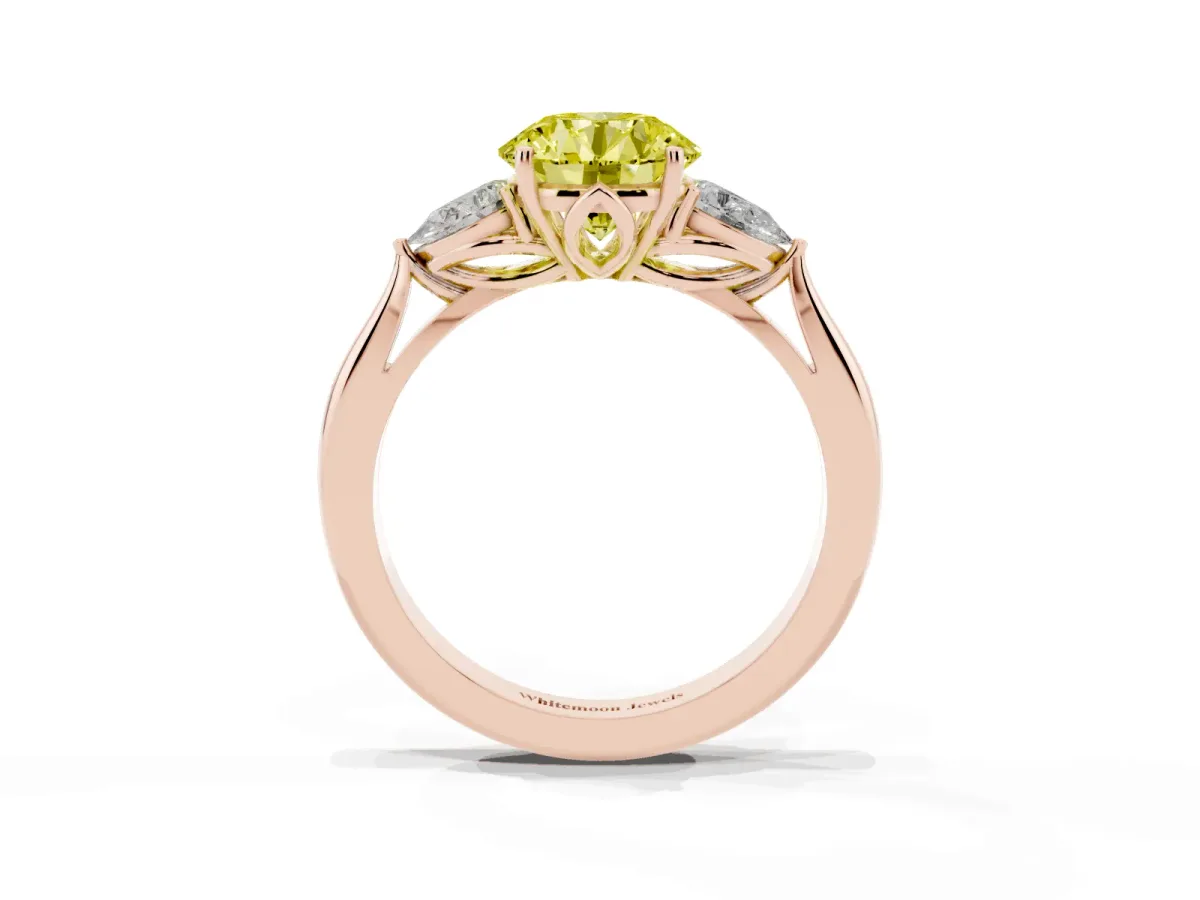 Fancy Yellow Three-Stone Round Cut Brilliant Diamond Solitaire Ring with Tapered Band and Four-Prong Setting Rose gold
