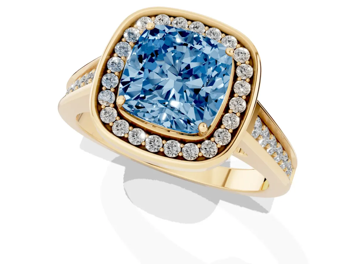 Fancy Blue Cushion Cut Halo Solitaire Diamond Ring with Pave Band and Bezel Setting Yellow gold