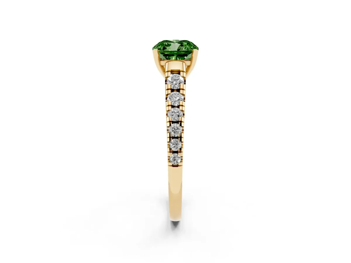 Fancy Green Cushion Cut Diamond Cathedral Solitaire Ring with Round Pavé Band Yellow gold