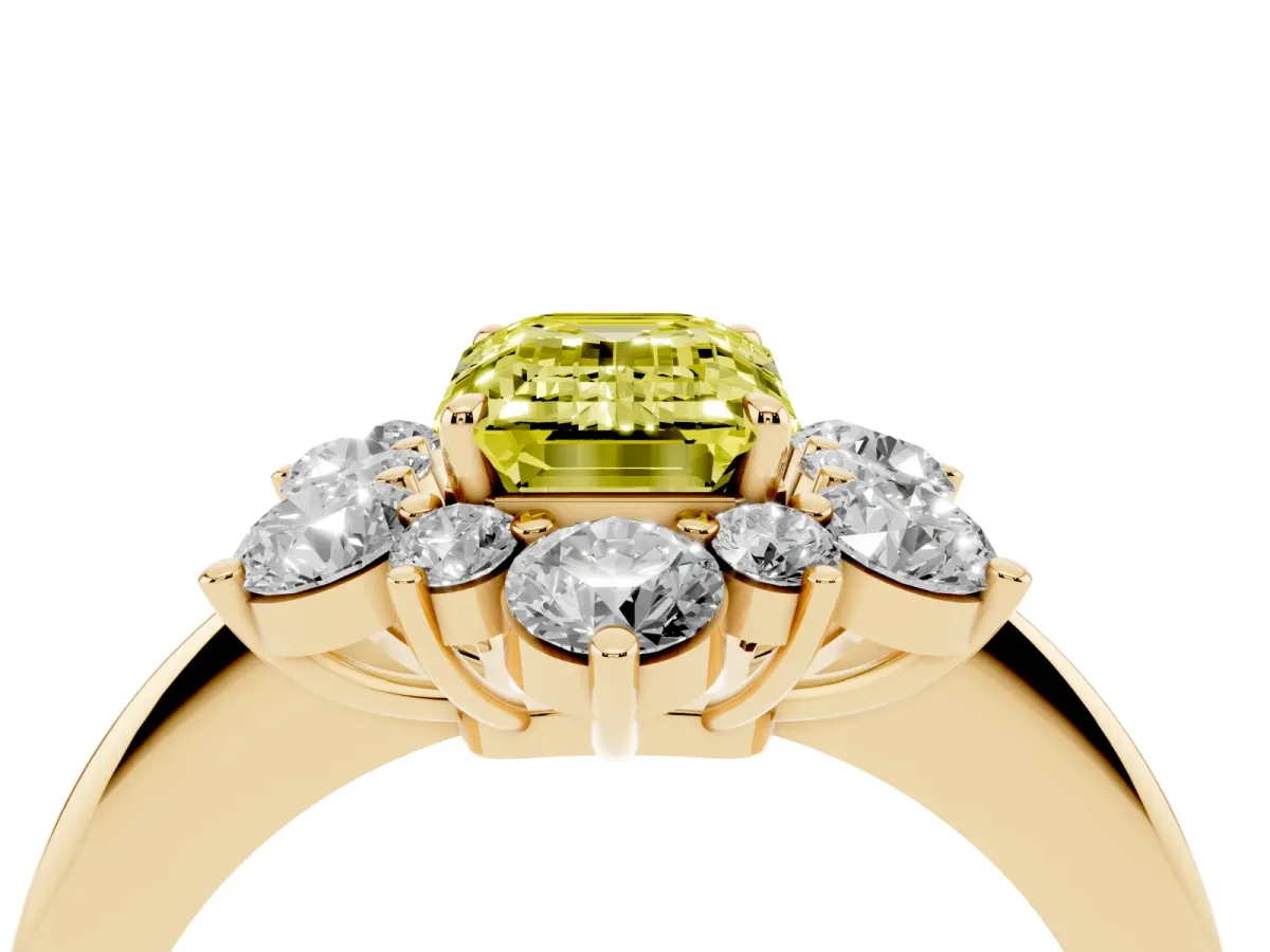 Fancy Yellow Emerald Cut Diamond Cluster Halo Ring with Solitaire Band and Four-Prong Setting Yellow gold