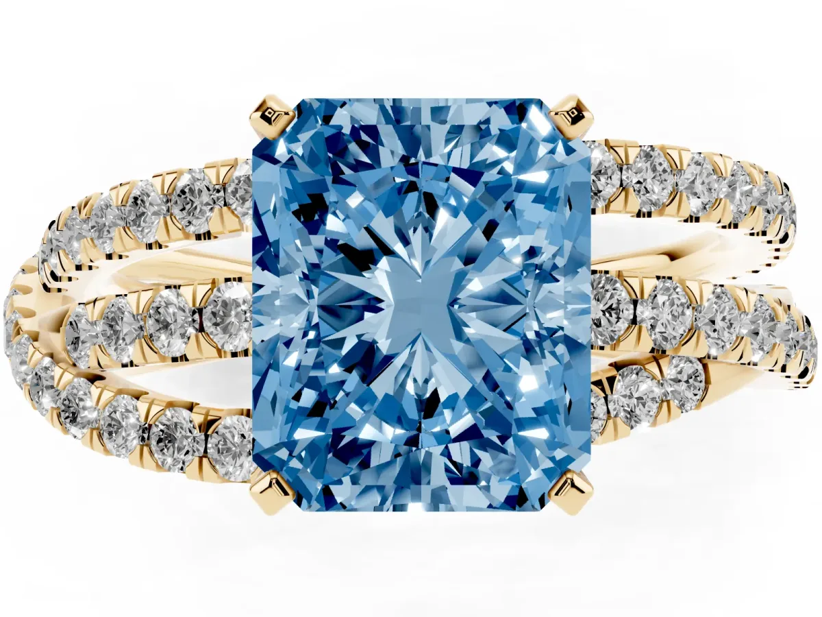 Fancy Blue Radiant Cut Solitaire Twist Band with Pavé Setting and Four-Prong Setting Yellow gold