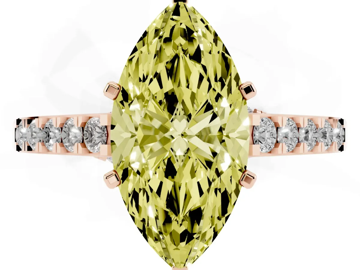 Fancy Yellow Marquise Cut Diamond Solitaire Ring with Crossover Gallery and Round Pavé Band Rose gold