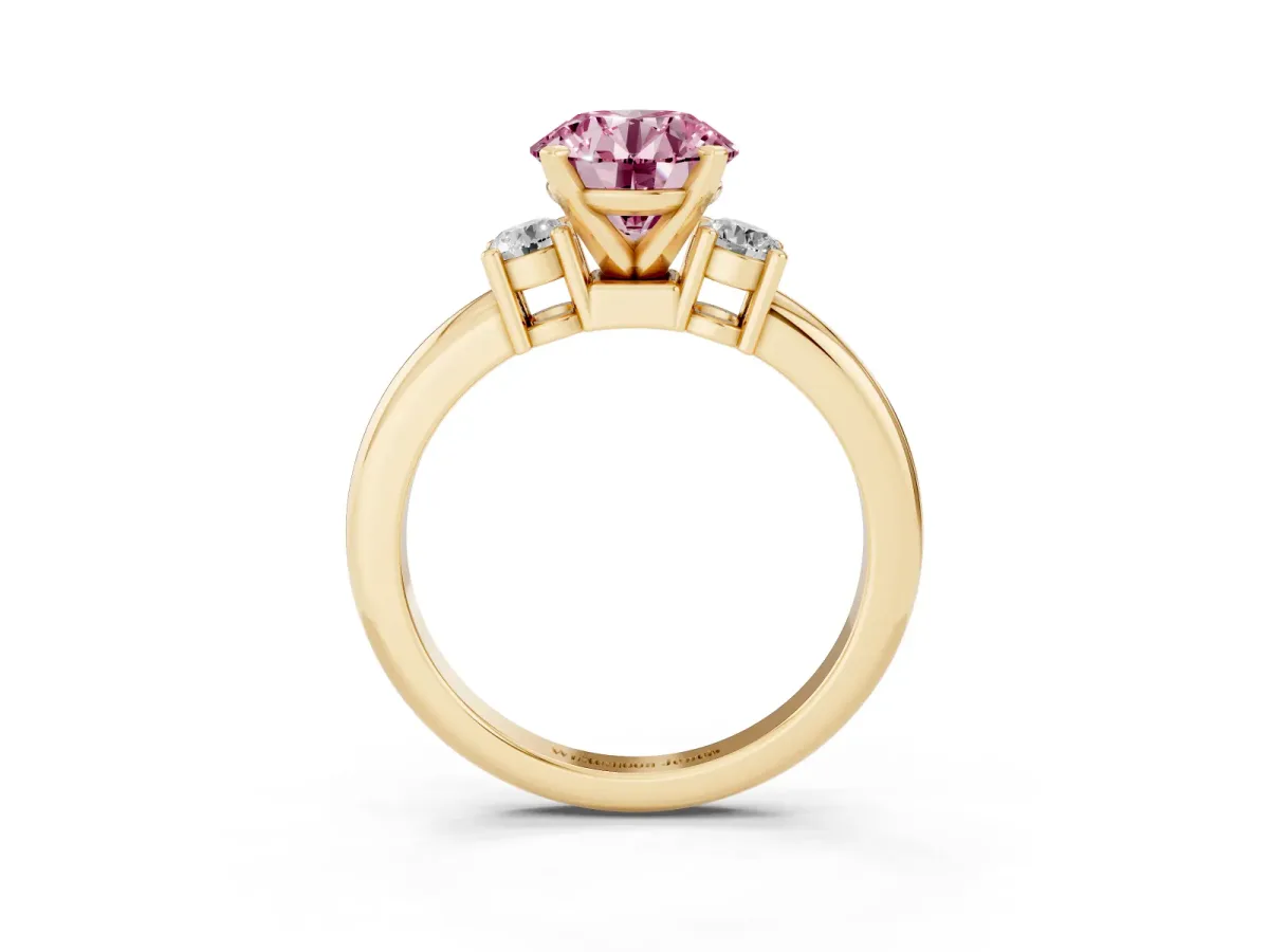 Fancy Pink Three-Stone Round Cut Cut Diamond Solitaire with Prong Setting and Classic Band Yellow gold