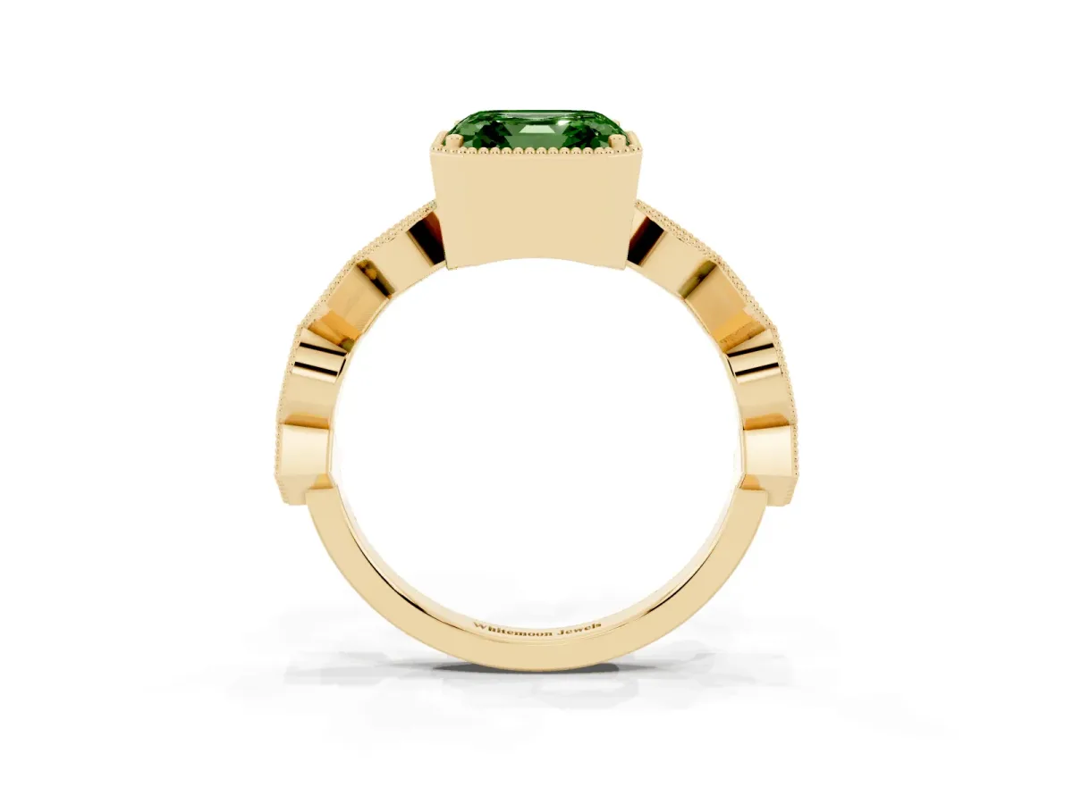 Fancy Green Asscher Cut Milgrain Marquise Diamond Twist Band Ring Yellow gold