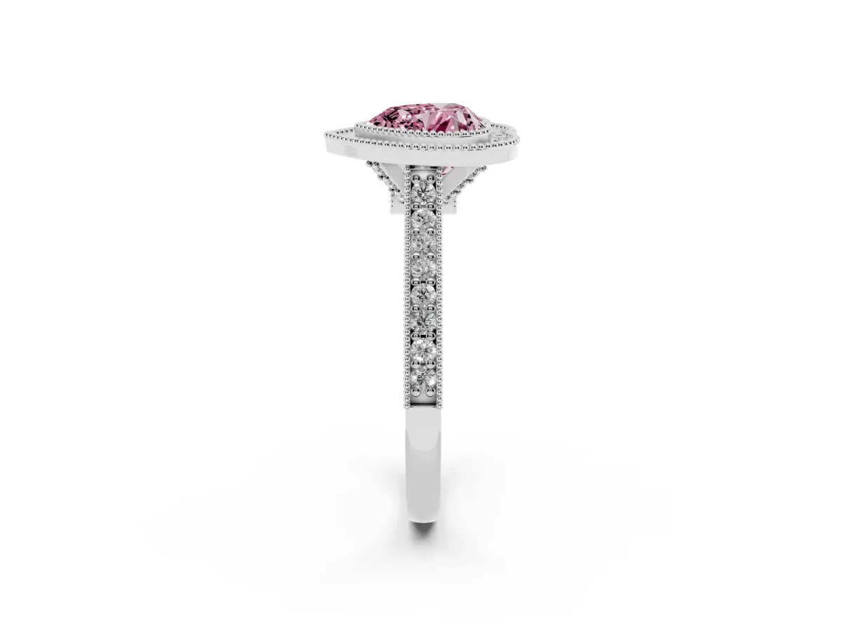 Fancy Pink Halo Heart Cut-Cut Diamond Pave Band Milgrain Prong Setting Ring White gold