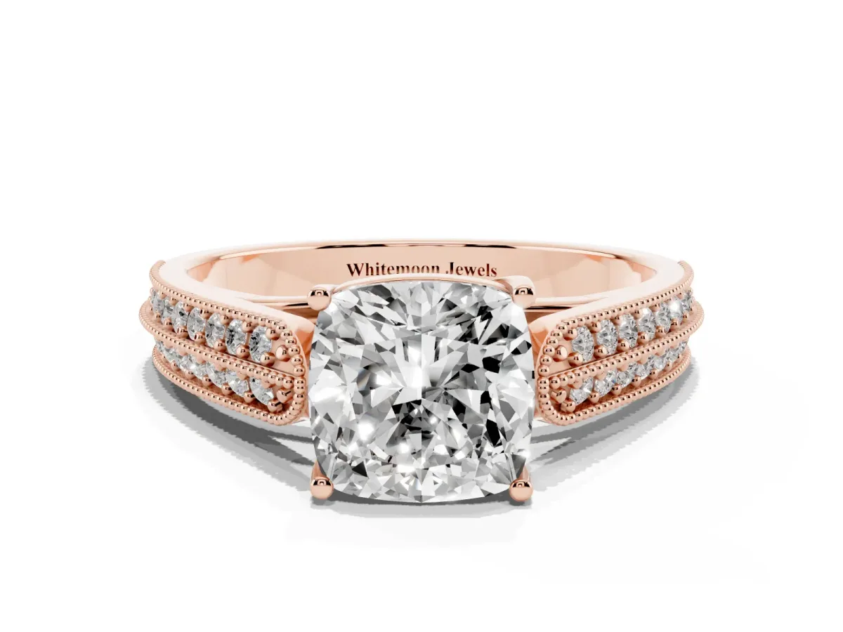 Cushion Cut Cut Pave Split Shank Engagement Ring with Four-Prong Setting Rose gold