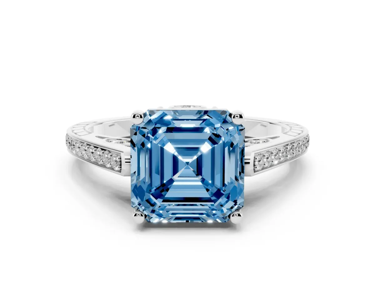 Fancy Blue Asscher Cut Cut Cathedral Pave Diamond Engagement Ring with Six-Prong Setting Silver