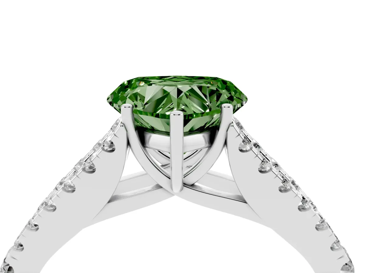 Fancy Green Heart Cut Diamond Split Shank Pavé Engagement Ring with Four-Prong Setting Platinum