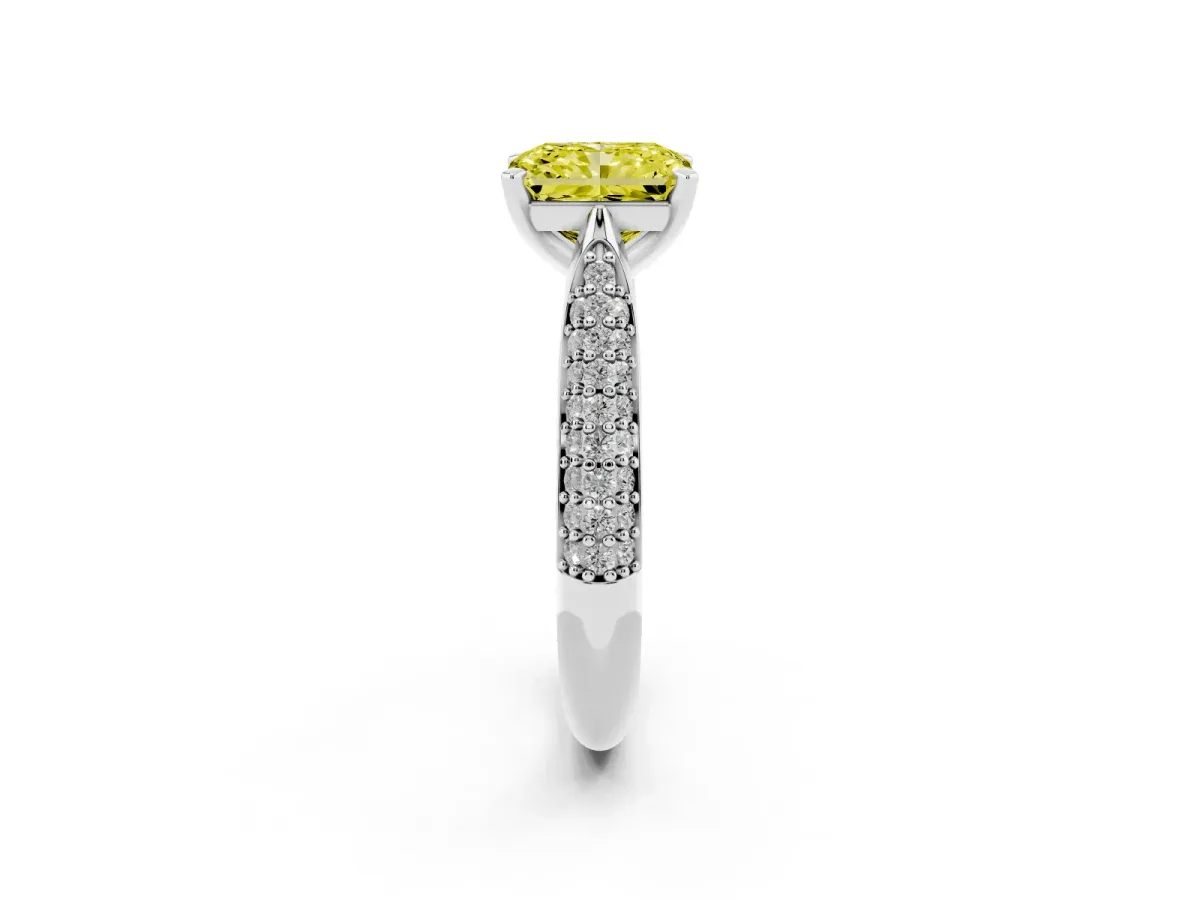 Fancy Yellow Radiant Cut Diamond Solitaire Engagement Ring with Multi-Row Round Pavé Band and Prong Setting Silver