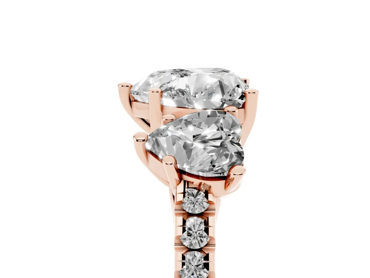 Three-Stone Heart Cut Diamond Ring with Round Pavé Band and Prong Setting Rose gold