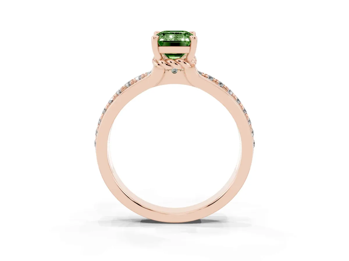 Fancy Green Emerald Cut Solitaire Diamond Ring with Channel Set Band and Six-Prong Setting Rose gold