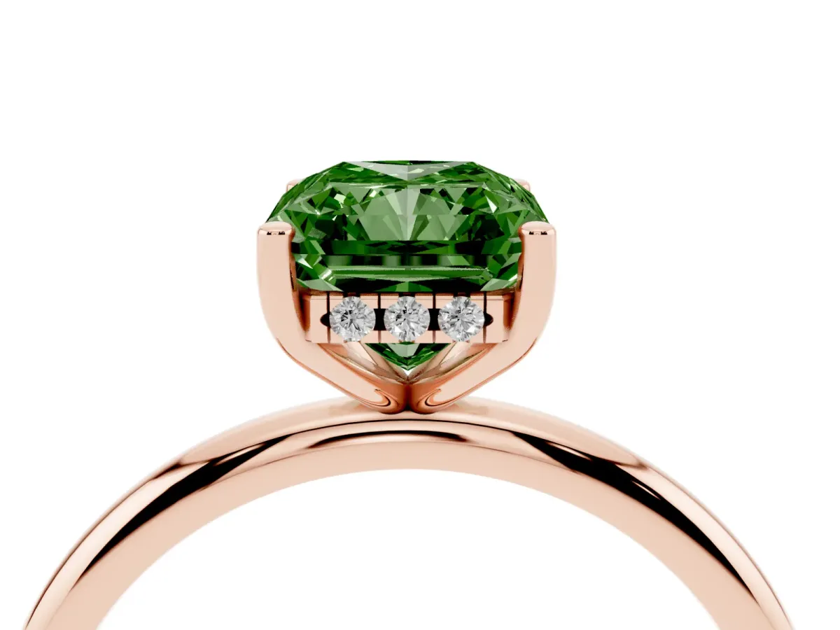 Fancy Green Radiant Cut Cut Solitaire Engagement Ring with Four-Prong Setting and Classic Band Rose gold